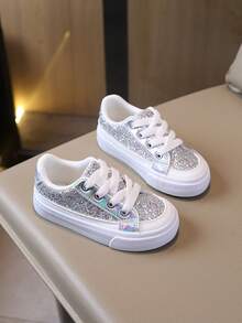 SHEIN 2025 Spring New Bright Color Girls' Sports Shoes Canvas Comfortable Casual Children's Sneakers Red Flat Casual Shoes Girls' Slip-On Shoes - Silver - View 4
