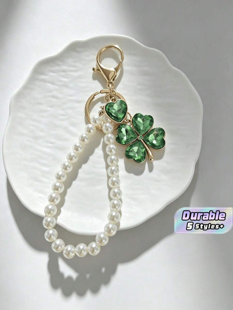 Rhinestone Lucky Clover Keychain, Faux Pearl Crystal Heart Clover Bag Charm Pendant, Fashion Handbag Accessory, Birthday Party Holiday Gift - Multicolor - View 1