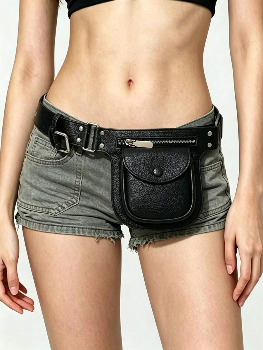 ROMWE Grunge Punk Y2K Punk Style Black Metal Rivet Grommet Multi-Pocket Adjustable Metal Buckle Women Waist Bag - Black single pack - View 1