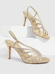CUCCOO SZL Multi-Layer Crossed Rhinestone Back Strap Stiletto Sandals Women's Open-Toed Banquet Dress High Heels Women's Shoes - Gold - View 1