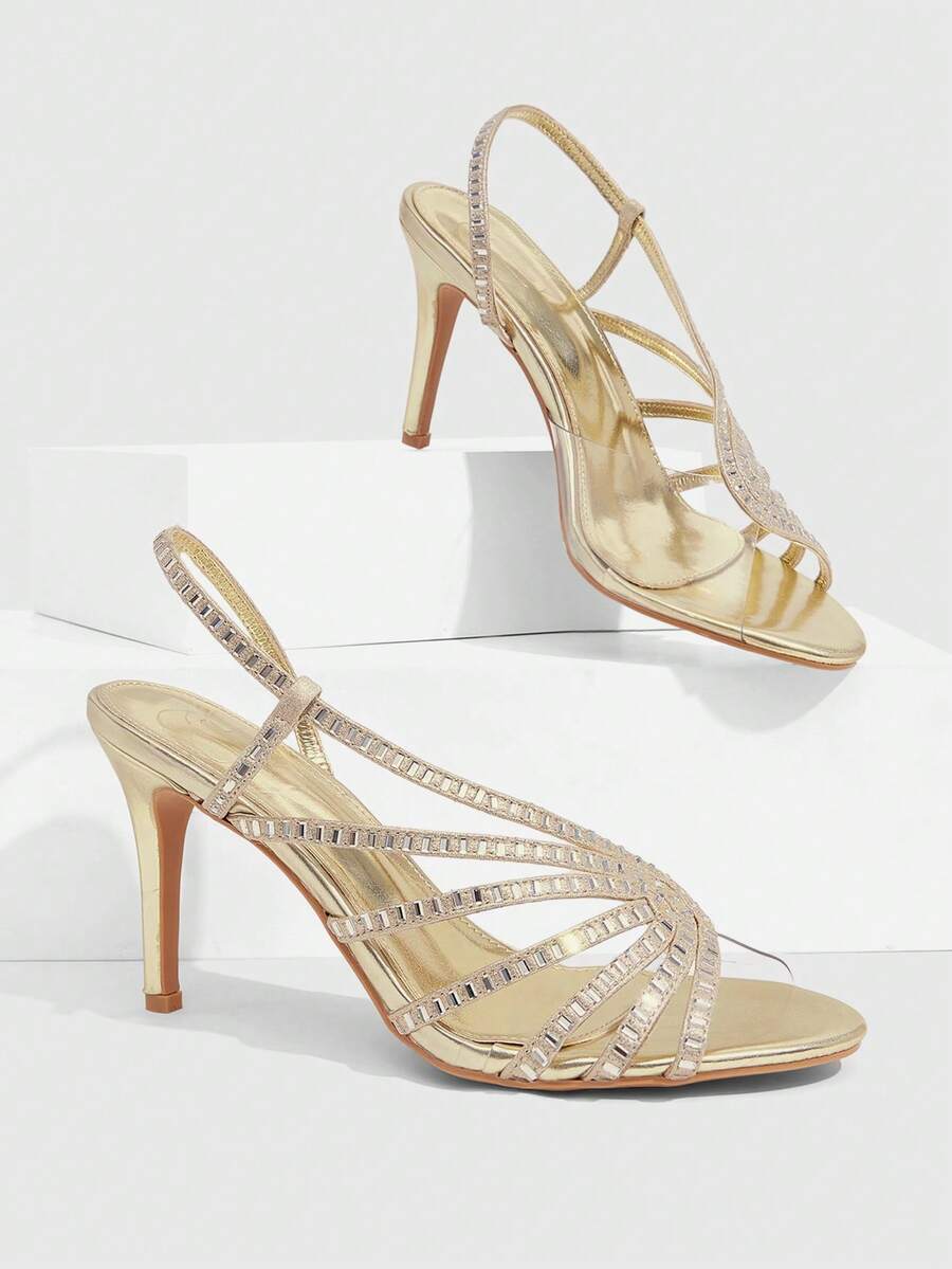 CUCCOO SZL Multi-Layer Crossed Rhinestone Back Strap Stiletto Sandals Women's Open-Toed Banquet Dress High Heels Women's Shoes - Gold - View 1