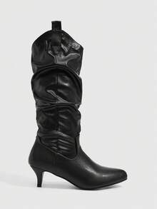 CUCCOO SZL Retro Gentle Style Women Autumn And Winter Commute Dating Solid Color Round Toe High Tube Fine Heel Natural Pile Pleated Tube Elegant Long Tube Fa - Black - View 2