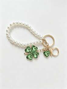 Rhinestone Lucky Clover Keychain, Faux Pearl Crystal Heart Clover Bag Charm Pendant, Fashion Handbag Accessory, Birthday Party Holiday Gift - Multicolor - View 16