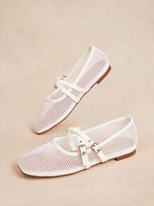 Rosivie Nuevos zapatos Mary Jane de malla francesa de moda para mujer, mocasines blancos de verano con diseño hueco transpirable, doble hebilla, punta cuadrada, suela plana y empeine bajo - Blanco - Ver 6