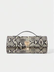 SHECARRY Women's Fashionable Simple Versatile Classic Snake Pattern Faux Leather Gold Buckle Handbag, For Dating, Daily Life, Afternoon Tea, Party, Banquet - Khaki snake pattern - View 1