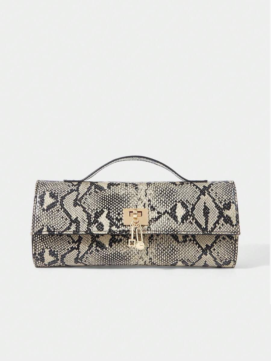 SHECARRY Women's Fashionable Simple Versatile Classic Snake Pattern Faux Leather Gold Buckle Handbag, For Dating, Daily Life, Afternoon Tea, Party, Banquet - Khaki snake pattern - View 1