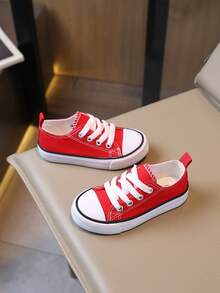 SHEIN Spring And Autumn Solid Color Children's Canvas Shoes Flat Bottom Non-Slip Breathable Lace-Up Girl Casual Shoes - Red - View 2