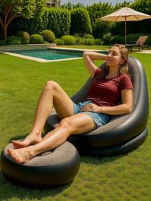 1pc Inflatable Sofa With Footrest, Flocked Surface Air Couch For Adults, Portable Waterproof Camping Lounge Chair With Footstool, Home & Outdoor Use - Chair - View 2