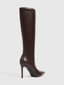 Daringsoles Coffee Brown Pointed Toe Stiletto High Tube Boots, Elastic Suede Straight Leg Slimming Below-Knee Fashion Boots, Autumn/Winter New Commuter Style Fall Shoes - Coffee - View 5