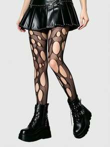 ROMWE Goth 高彈性黑色性感女款破洞連身褲 網襪褲襪緊身褲 - 洞洞黑色 - 查看 2