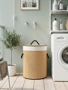 1Pc Large Capacity Foldable Bamboo Laundry Hamper With Lid & Handles,Hand-Woven Storage Basket, Bamboo Woven With Lid, For Miscellaneous Items, Toys, Dirty Clothes, Portable Laundry Hamper - Bamboo primary color - View 5