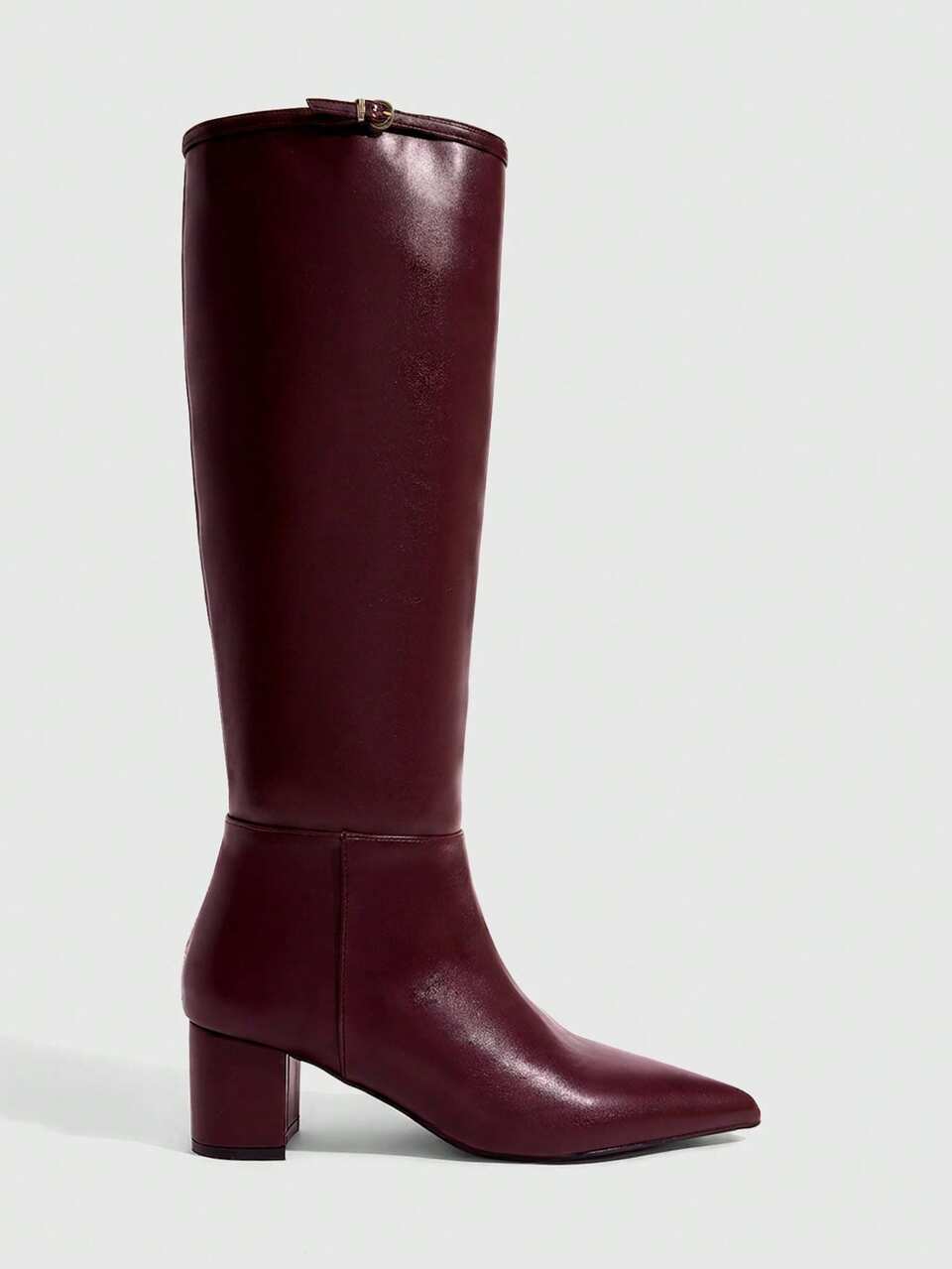 CUCCOO SZL Women's Burgundy PU Pointed Toe Chunky Heel Buckle High Shaft Boots, New Autumn/Winter Slimming Knee-High Boots For Dating, Party And Commuting