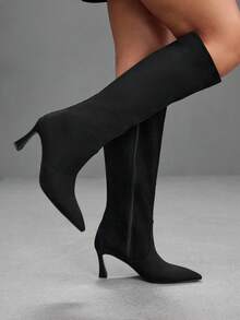 CUCCOO SZL Black Suede Pointed High-Heeled High Boots For Women, Thin Heels But Knee Boots In Autumn And Winter, Commuting Versatile Temperament - Black - View 4