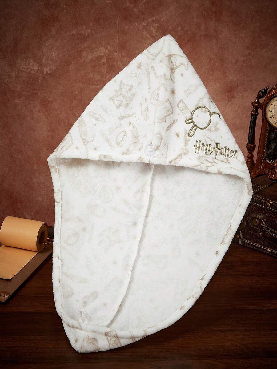 HARRY POTTER X SHEIN 金色刺繡乾髮帽,禮品,居家浴室裝飾夏季乾髮巾,返校季 - 白色 - 查看 1