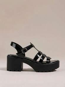 HighSole 女款時尚高跟綁帶涼鞋，簡約休閒日常穿搭 - 黑色鏡面 - 查看 2