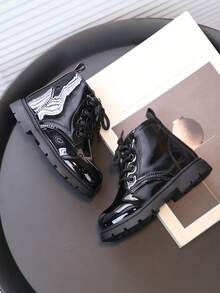 SHEIN Autumn And Winter Solid Color Children's Short Boots Bright Leather Comfortable Boys And Girls Classic Boots - Black - View 2