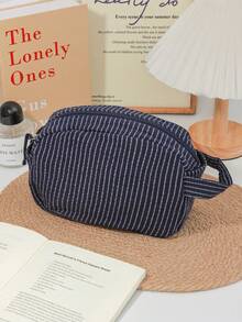 Found Favorite Classic Striped Large Capacity Handheld Makeup Bag - Cotton And Hemp Fabric - Dark Color - Zipper - Skincare Travel Compact Storage Bag - Blue - View 6