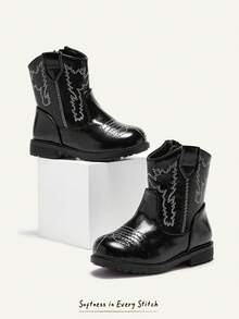 Cozy Pixies Autumn And Winter Fashion Versatile Fun Cute Comfortable Wear-Resistant Black Embroidery Fun Pastoral Baby Ankle Boots Western Cowboy Boots - Black - View 2