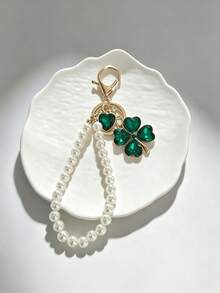 Rhinestone Lucky Clover Keychain, Faux Pearl Crystal Heart Clover Bag Charm Pendant, Fashion Handbag Accessory, Birthday Party Holiday Gift - Multicolor - View 6