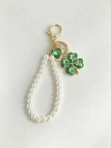 Rhinestone Lucky Clover Keychain, Faux Pearl Crystal Heart Clover Bag Charm Pendant, Fashion Handbag Accessory, Birthday Party Holiday Gift - Multicolor - View 3