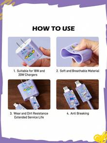 FRIENDS X SHEIN 3 Pcs Data Line Protective Cover, Suitable For IPhone Charger, Cherry Printing Pattern, Charger Protective Cover (Without Data Line) - Purple - View 3