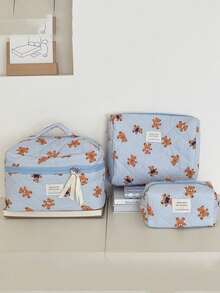 Found Favorite 1Pc/Set Cute Bear Pattern Large Capacity Multifunctional Cosmetie Bag ,Travel Makeup Bag ,Girls Make Up Bag ,Back To School Wallet Pouch Portable - Blue - View 2