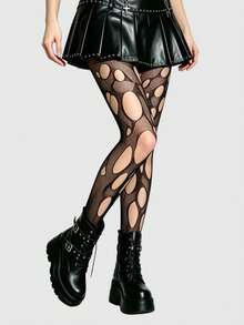 ROMWE Goth 高彈性黑色性感女款破洞連身褲 網襪褲襪緊身褲 - 洞洞黑色 - 查看 4
