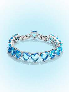 Popjeli Women's Turquoise Tennis Chain Bracelet Heart Cut Full  Crystal Stone SSparkling Adjustable Bracelet For Daily Party Jewelry - Blue Love Tennis Chain Bracelet - View 3