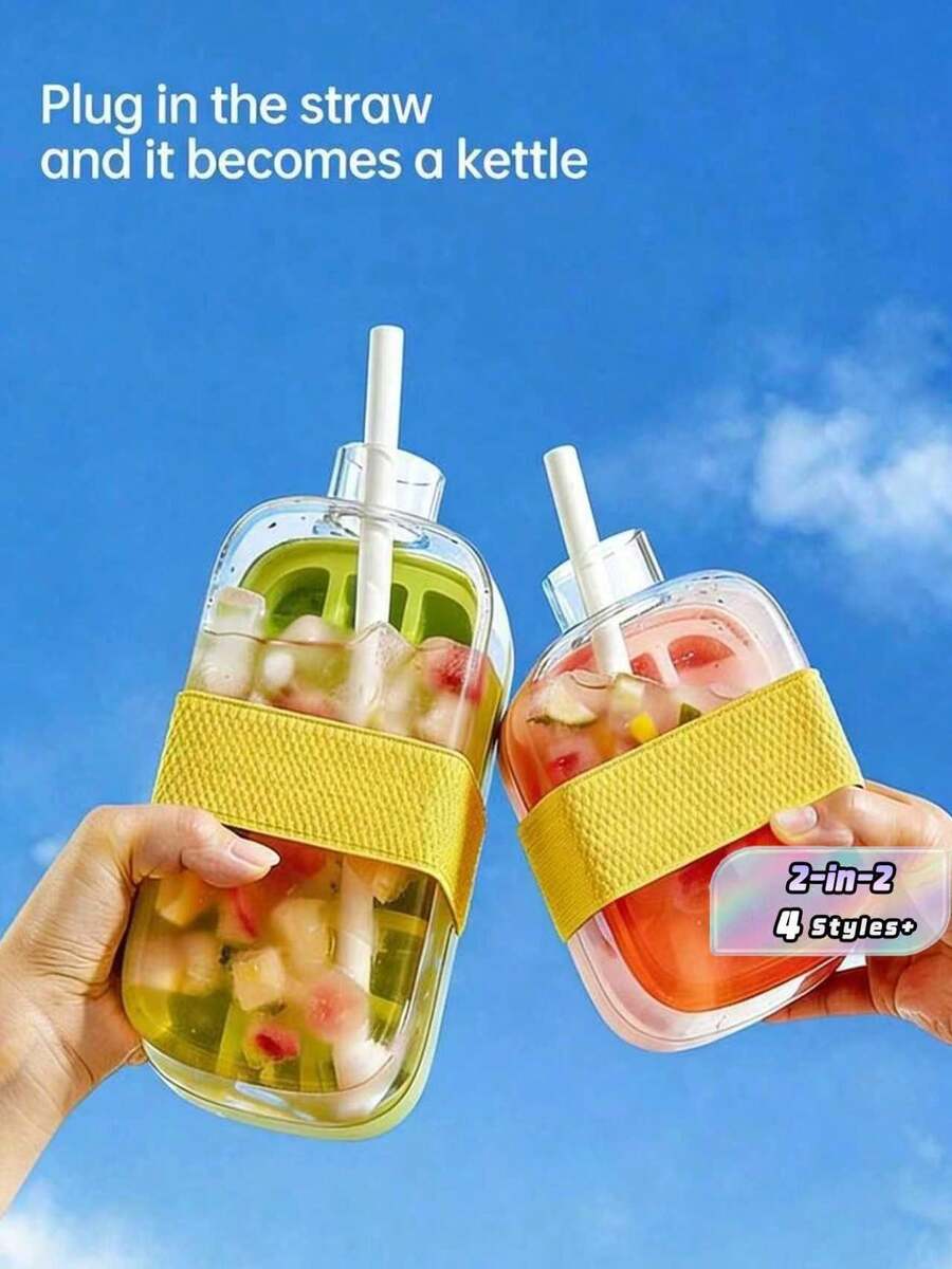 One-Piece 2-In-1 Ice Cube And Water Bottle, Large Capacity Ice, Portable Ice Cup With Straw, Squeeze-Release Ice Cube, Reusable Ice Mold For Cold Drinks, Suitable For Kitchen Family Fridge Freezing, Outdoor Camping, Picnic, Beach Trip, Party, Fruit - Multicolor - View 1