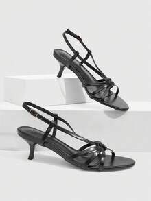 CUCCOO SZL 女款 5.5CM 高跟涼鞋 圓頭露趾 小貓跟 交叉綁帶 黑色 性感百搭優雅 日常通勤/海灘/派對 - 黑色.. - 查看 1