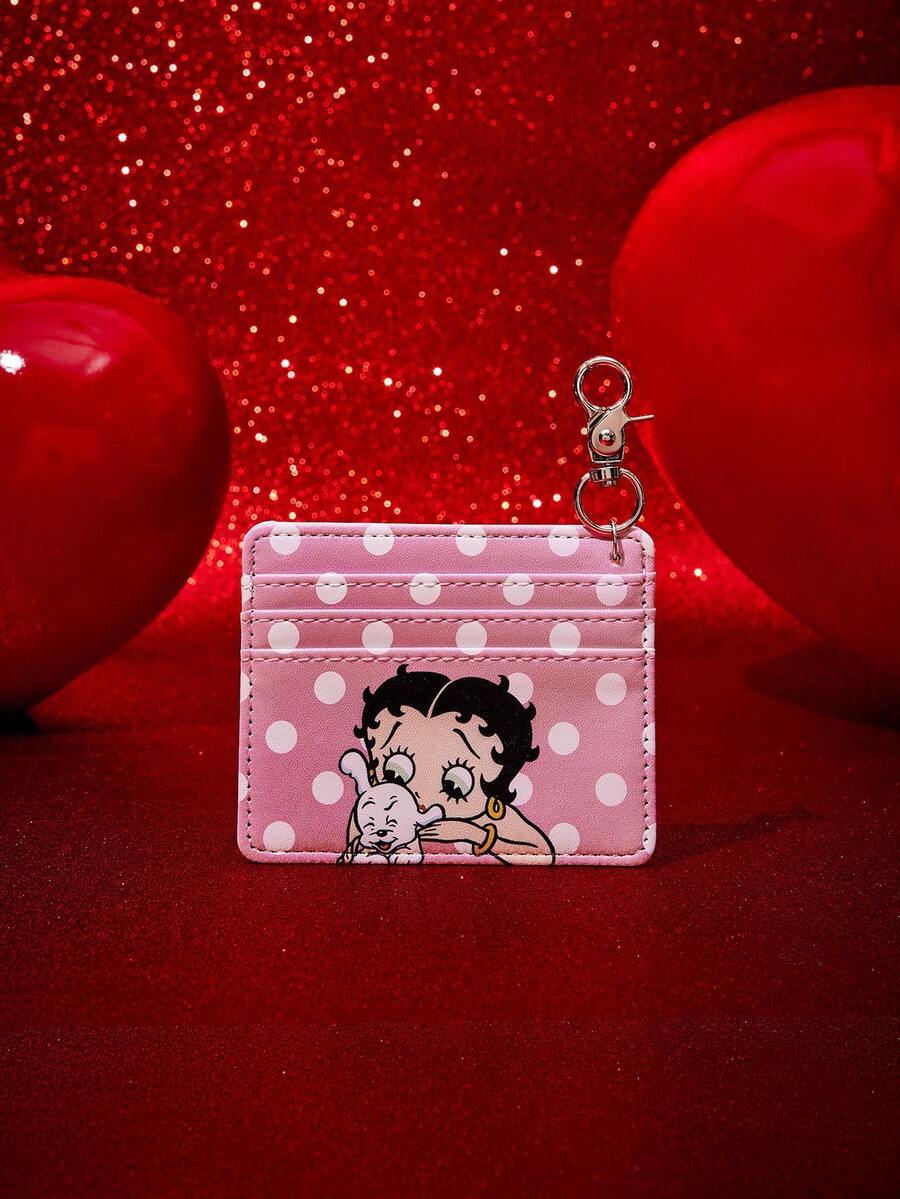 Betty Boop x SHEIN 1 Piece Pink Polka Dot Card Bag Keychain PU Leather Wallet With Keychain Buckle Bag Pendant - Multicolor - View 1