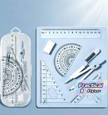 Set Alat Gambar Geometris 8 Buah ini Meliputi 4 Item: Penggaris, Kompas, Pensil, Penghapus, dan Rautan Pensil. Ini adalah set alat tulis yang ideal untuk sekolah dan siswa. - Set - View 1