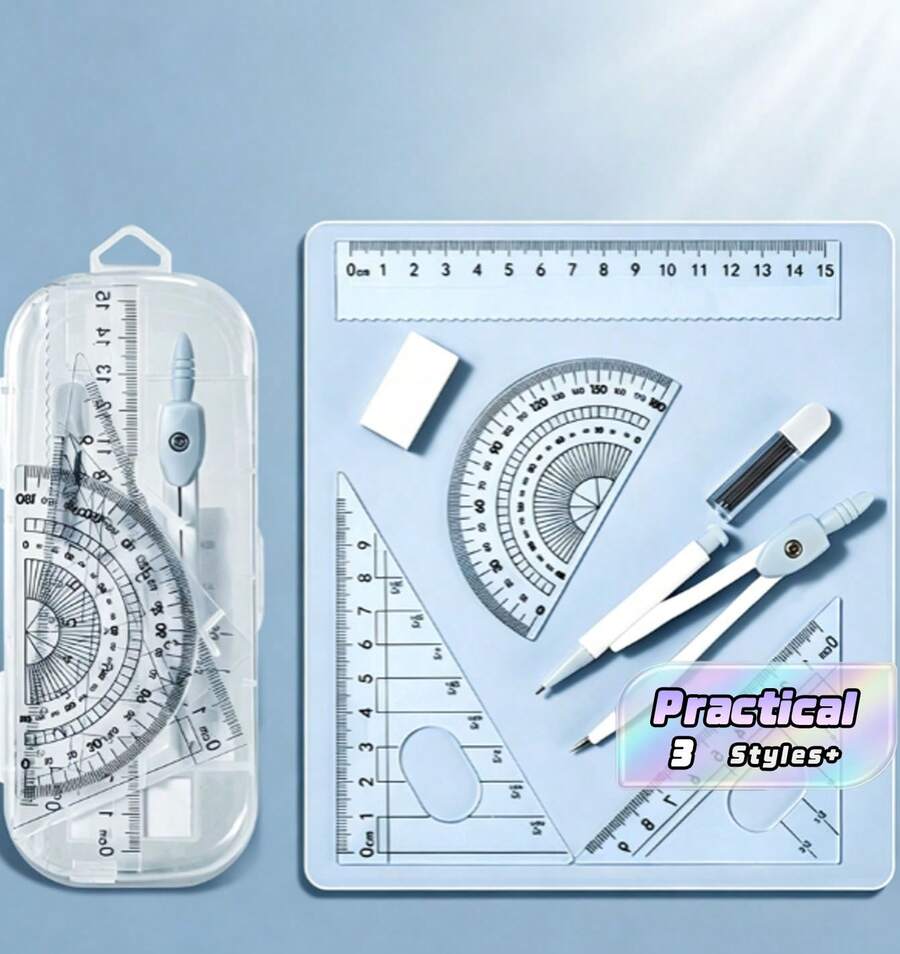 Set Alat Gambar Geometris 8 Buah ini Meliputi 4 Item: Penggaris, Kompas, Pensil, Penghapus, dan Rautan Pensil. Ini adalah set alat tulis yang ideal untuk sekolah dan siswa. - Set - View 1