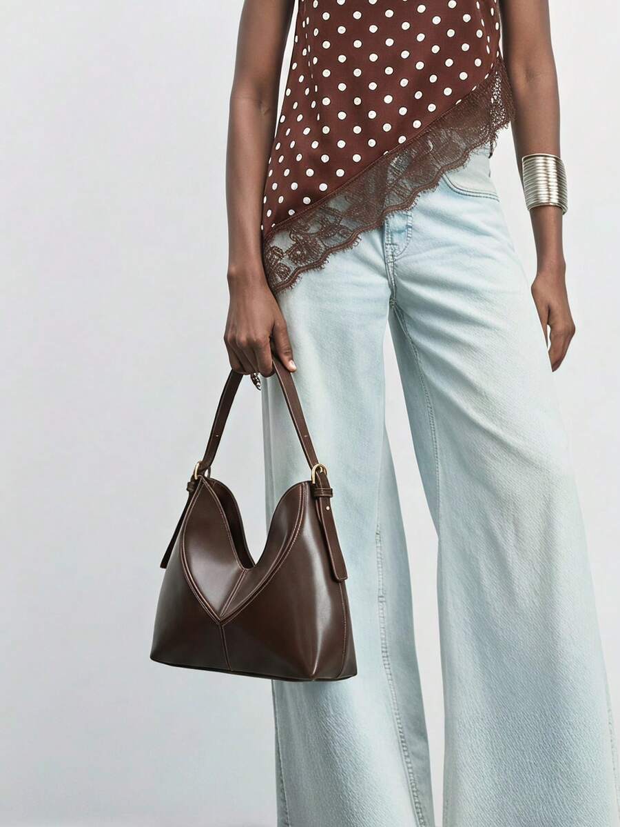 Maija Ladies Fashion Elegant Simple Versatile Classic Beige Imitation Leather Handbag Handbag, Commute To Work Daily - dark brown - View 1