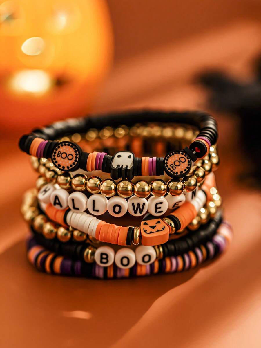 ROMWE Anime 7件組時尚創意萬聖節字母串珠手鍊套組,個性化趣味派對配件,適合送給家人與朋友的萬聖節禮物 - 多色-萬聖節手鍊 - 查看 1