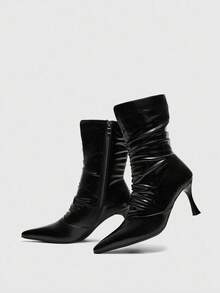 CUCCOO BIZCHIC Women's Black Pointed Toe New High Heel Wrinkled Leather Side Zipper Slim Leg Ankle Boots And Ankle Boots - Black - View 10
