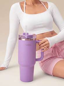 OutZeal 40 Oz High Capacity Stainless Steel Double Insulation Flap Straw Cup With Portable Handle For Gym, Studio, Car, Hiking, Office And Daily Leisure - Purple - View 7