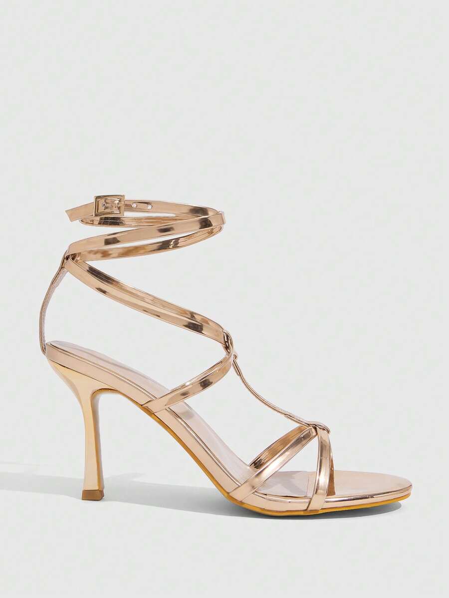 CUCCOO SZL Ladies Round Toe Peep Toe Sticky High Heel Metal Strap Strap Women's High Heel Sandals Sexy Banquet - Champagne 1 - View 1