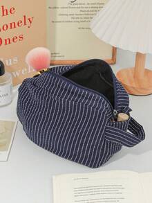 Found Favorite Classic Striped Large Capacity Handheld Makeup Bag - Cotton And Hemp Fabric - Dark Color - Zipper - Skincare Travel Compact Storage Bag - Blue - View 4