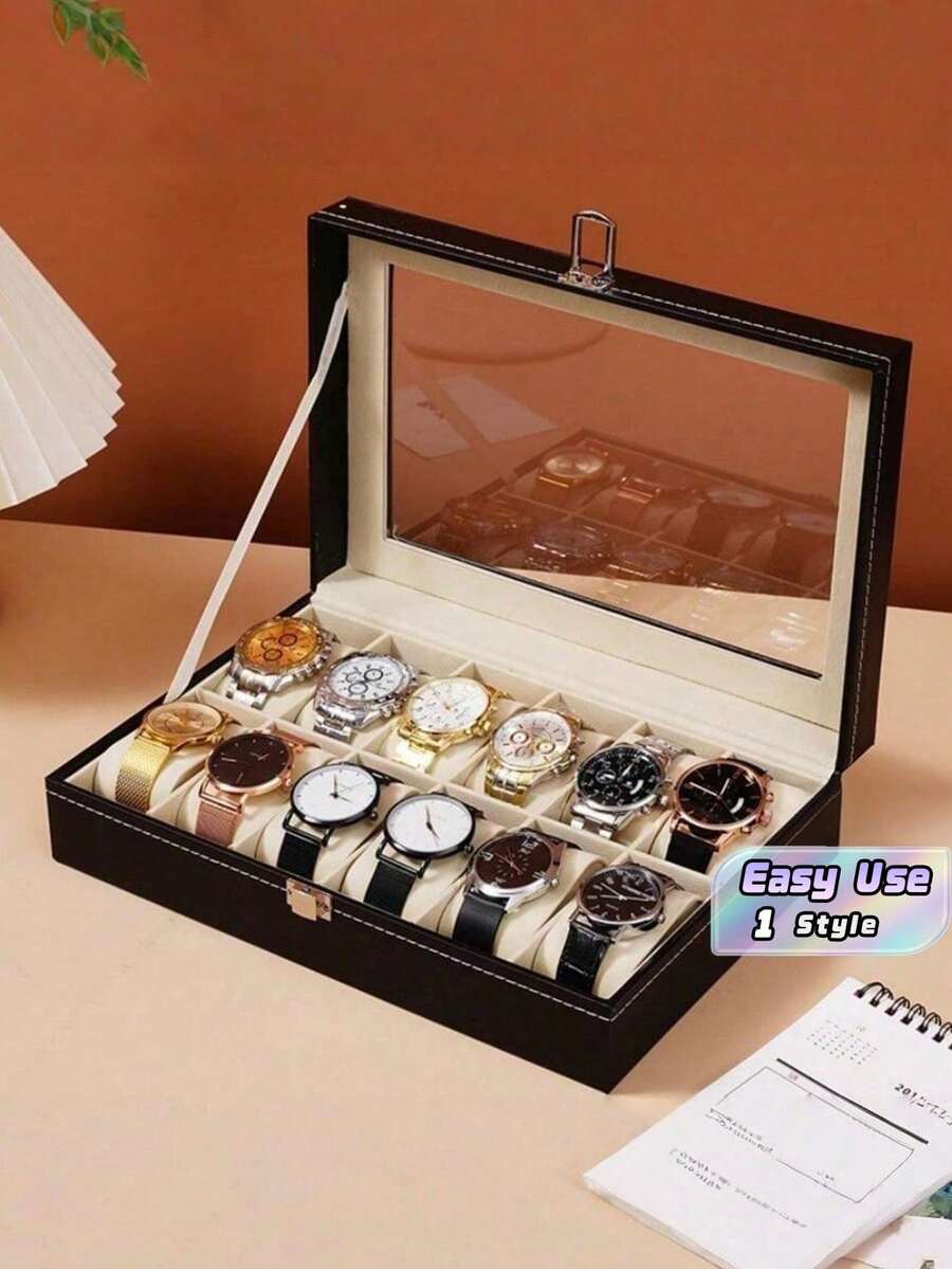 1Pc Large‑Capacity Leather Watch Storage Box, Premium Watch & Jewelry Display Case, Durable Organizer For Home Collection & Daily Use - Multicolor - View 1