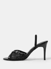 CUCCOO HITCHD Women's Fashion And Sexy Round Lace Embroidered Thread Bead Mesh Fabric, Thin Belt Contrasting Metal PU Material, Small Edge Buckle. Fine Heel Color M - Black - View 2