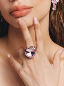 Popjeli Faceted Love Powder Crystal Ring Y2K Sweet And Cool Girl Ring - Silver - Pink - View 4