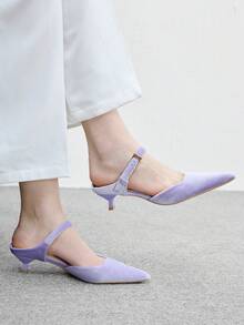 CUCCOO BIZCHIC 尖頭通勤款紫色天鵝絨小貓圖案女鞋 百搭日常上班高跟拖鞋 - 淡紫色 - 查看 7