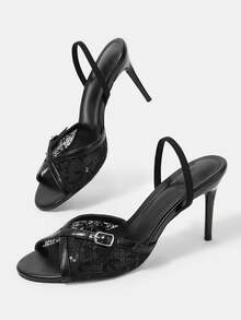 CUCCOO HITCHD Women's Fashion And Sexy Round Lace Embroidered Thread Bead Mesh Fabric, Thin Belt Contrasting Metal PU Material, Small Edge Buckle. Fine Heel Color M - Black - View 6