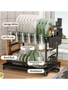 Escurridor de platos de 2 capas con juego de bandeja de drenaje - Escurridor de platos de metal grande con bandejas de drenaje, estantes para vasos, estantes para utensilios y sistema de drenaje adicional - Accesorios de cocina para un secado y organización de platos eficiente - Multicolor - Ver 3