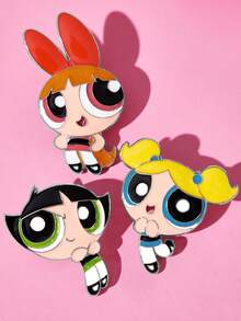 THE POWERPUFF GIRLS X SHEIN 3件組時尚可愛卡通鋅合金胸針別針組，包包吊飾，適合作為禮物、收藏品、紀念品 - 彩色 - 查看 2