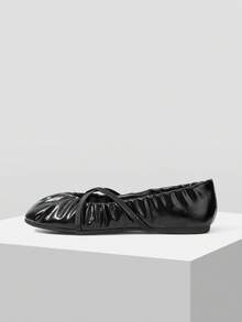 Mnmlis Women's Soft Leather Round Toe Flat-Soled Shoes, Cross-Strap Pleated Insole Embossed Design, Gentle Style Commuting Daily Versatile - Black - View 5