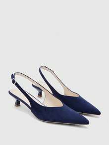CUCCOO BIZCHIC Giày cao gót nữ màu xanh navy bằng da lộn, phong cách đơn giản thời trang, đi làm hằng ngày, gót nhọn, quai hậu slingback - Màu xanh hải quân - Xem 1