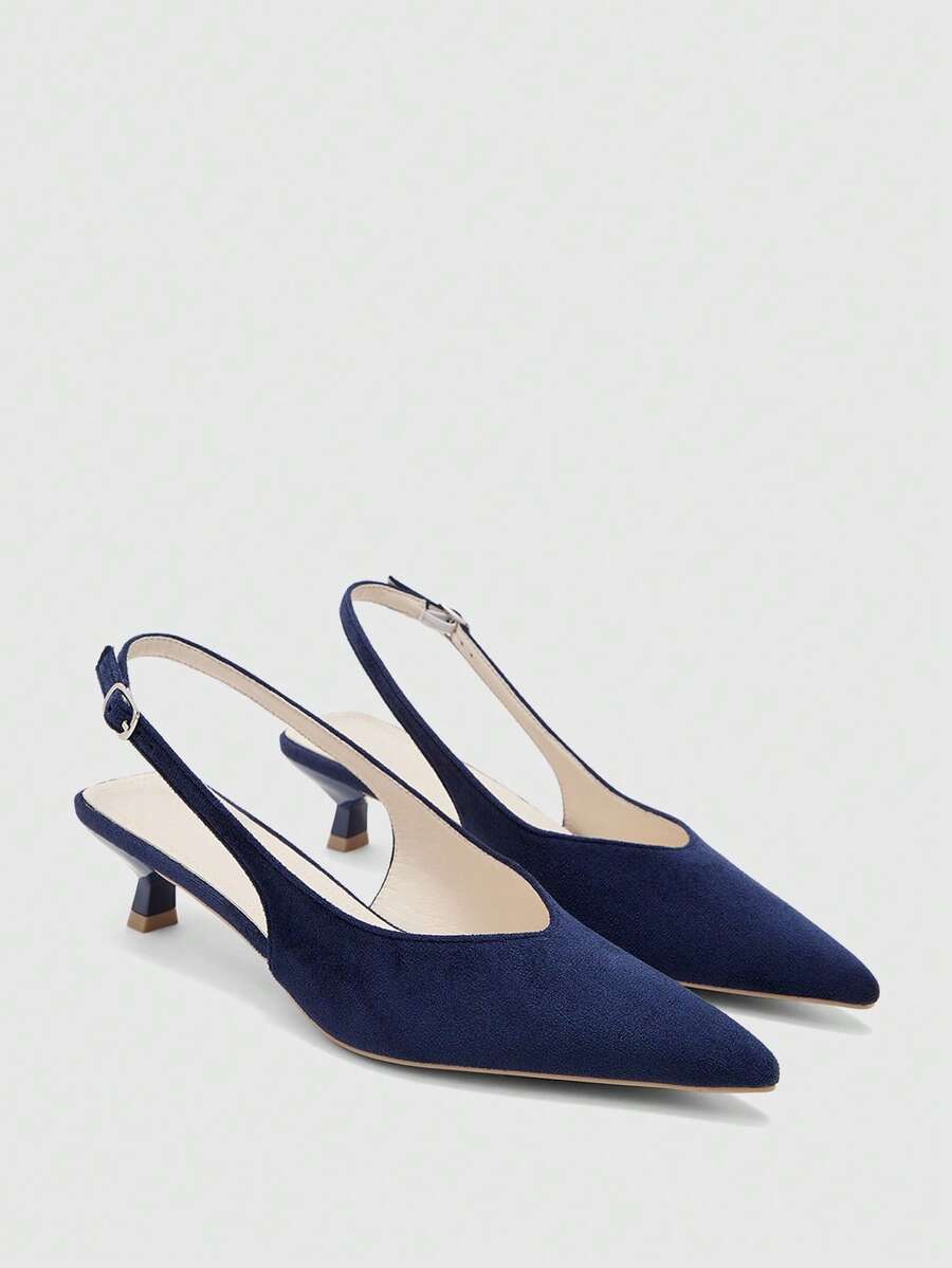 CUCCOO BIZCHIC Giày cao gót nữ màu xanh navy bằng da lộn, phong cách đơn giản thời trang, đi làm hằng ngày, gót nhọn, quai hậu slingback - Màu xanh hải quân - Xem 1