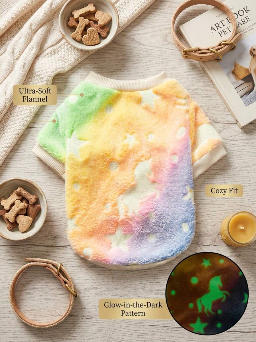 PETSIN (附發光效果) 彩虹漸層發光星星與獨角獸圖案抓絨布，不含帽子，1件 - 彩色 - 查看 1